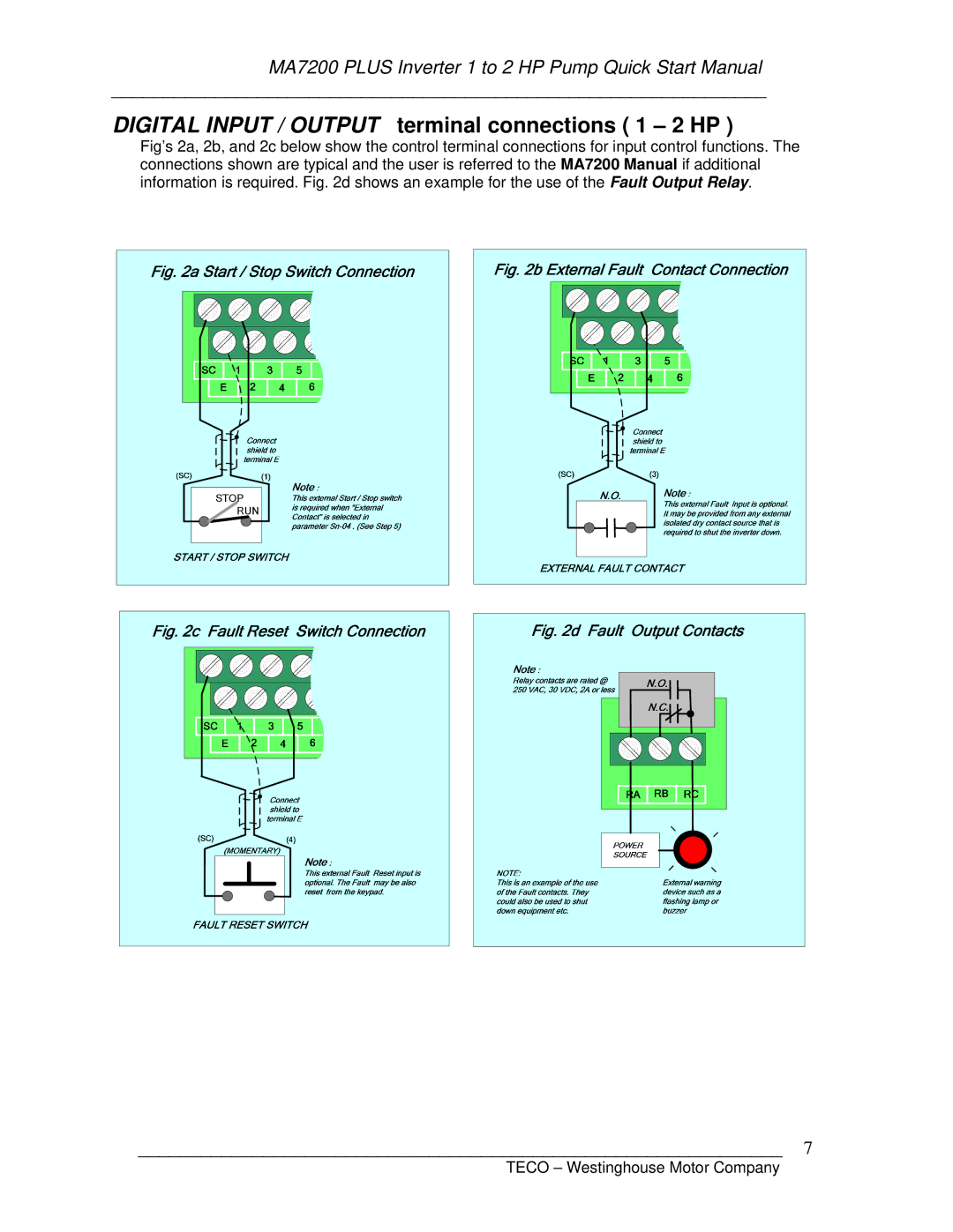 Westinghouse MA7200-2001/2-N1, MA7200-4001/2-N1 quick start manual Digital Input / Output terminal connections 1 2 HP 