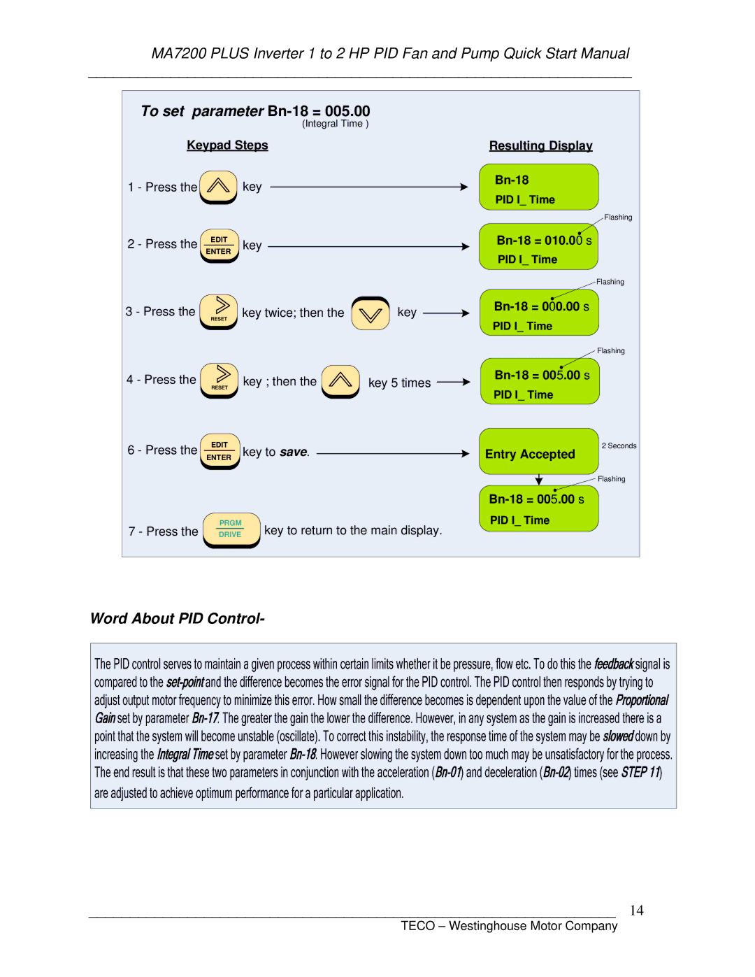 Westinghouse MA7200 Plus quick start manual To set parameter Bn-18 =, Word About PID Control 