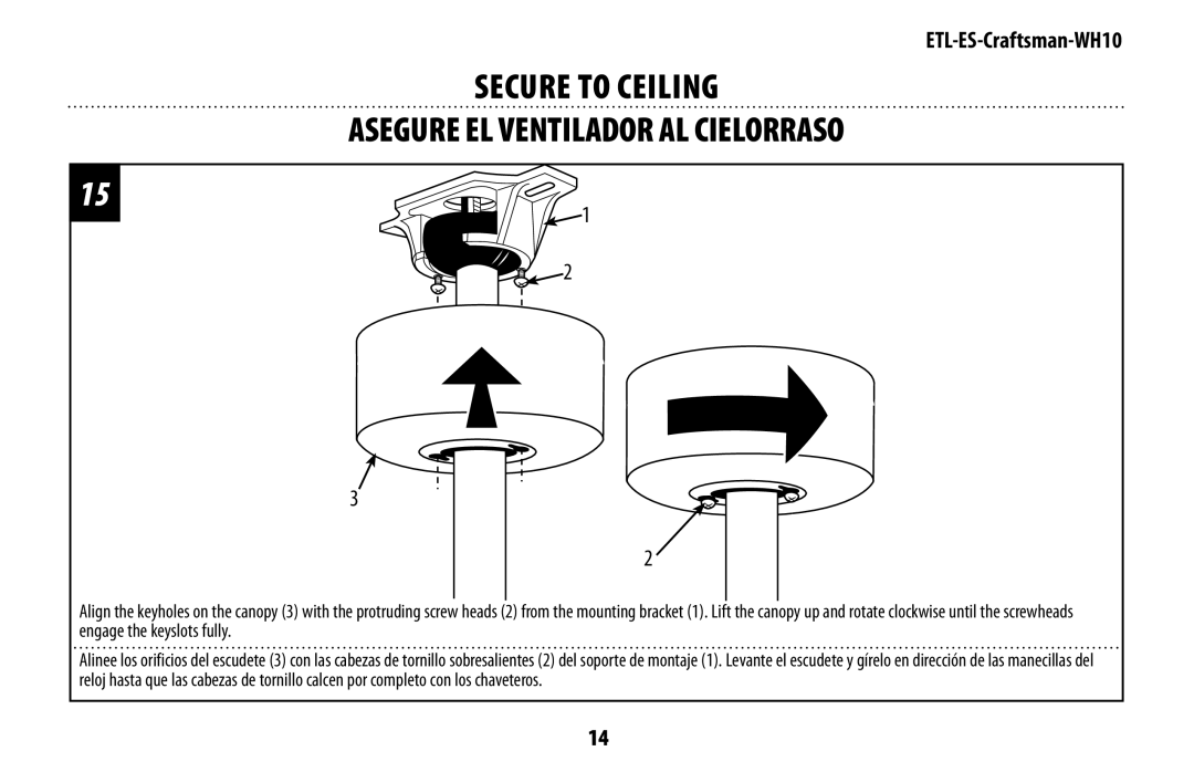 Westinghouse mh10 owner manual Secure To Ceiling Asegure el ventilador al cielorraso 