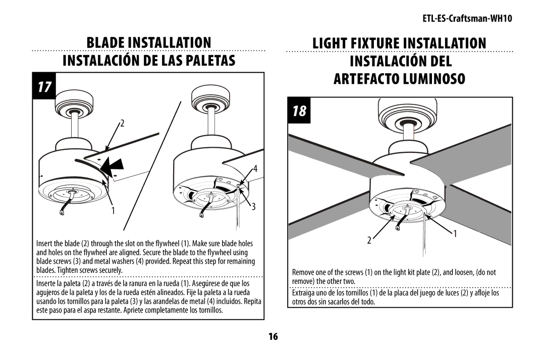 Westinghouse mh10 owner manual Blade Installation Instalación de las paletas 