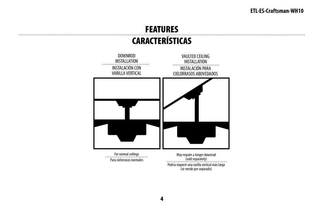 Westinghouse mh10 owner manual Features Características, Varilla vertical 