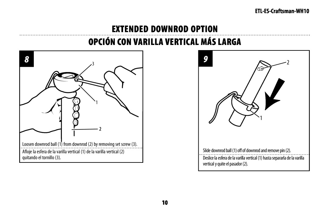 Westinghouse mh10 owner manual Extended Downrod Option Opción Con Varilla Vertical Más Larga, ETL-ES-Craftsman-WH10 