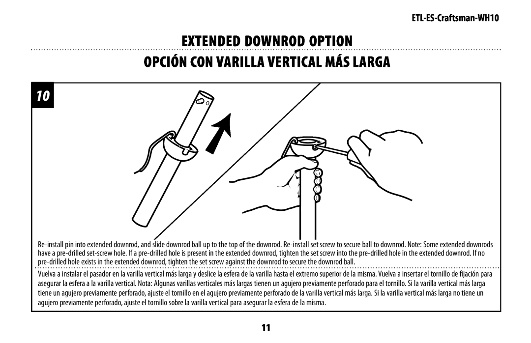 Westinghouse mh10 owner manual Extended Downrod Option Opción Con Varilla Vertical Más Larga, ETL-ES-Craftsman-WH10 