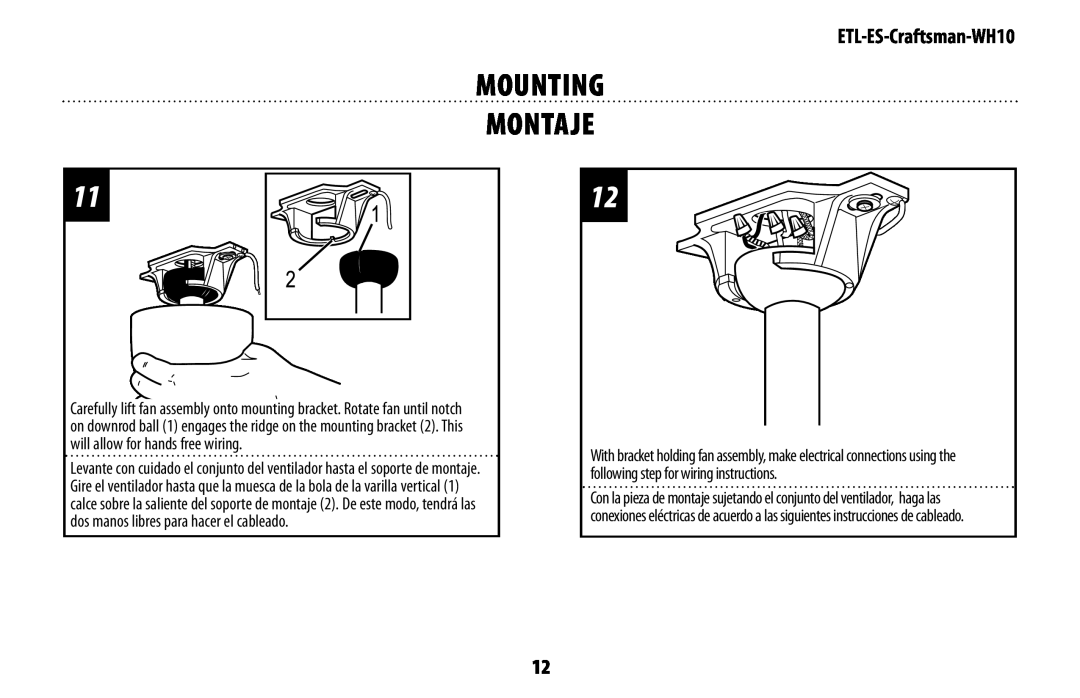 Westinghouse mh10 owner manual Mounting Montaje, ETL-ES-Craftsman-WH10 