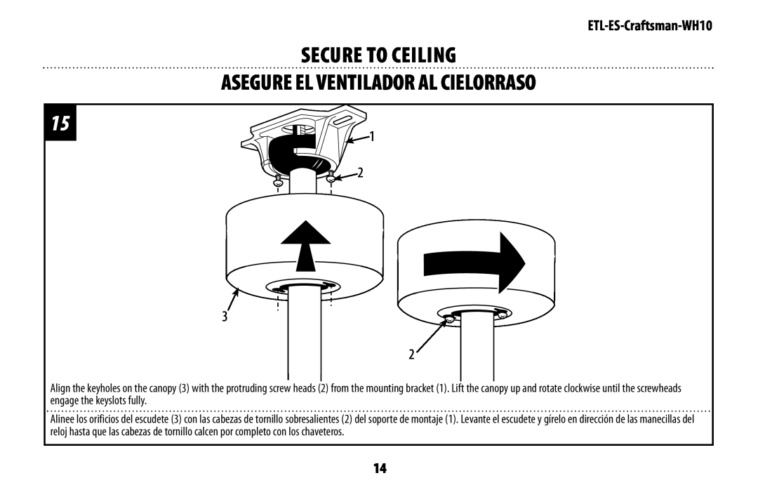 Westinghouse mh10 owner manual Secure To Ceiling Asegure el ventilador al cielorraso, ETL-ES-Craftsman-WH10 