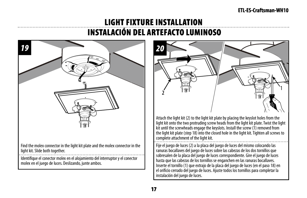 Westinghouse mh10 owner manual LiGHt FiXtUrE inStaLLatiOn Instalación del artefacto luminoso, ETL-ES-Craftsman-WH10 