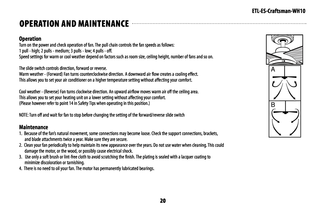 Westinghouse mh10 owner manual OPEratiOn and MaintEnanCE, Operation, Maintenance, ETL-ES-Craftsman-WH10 