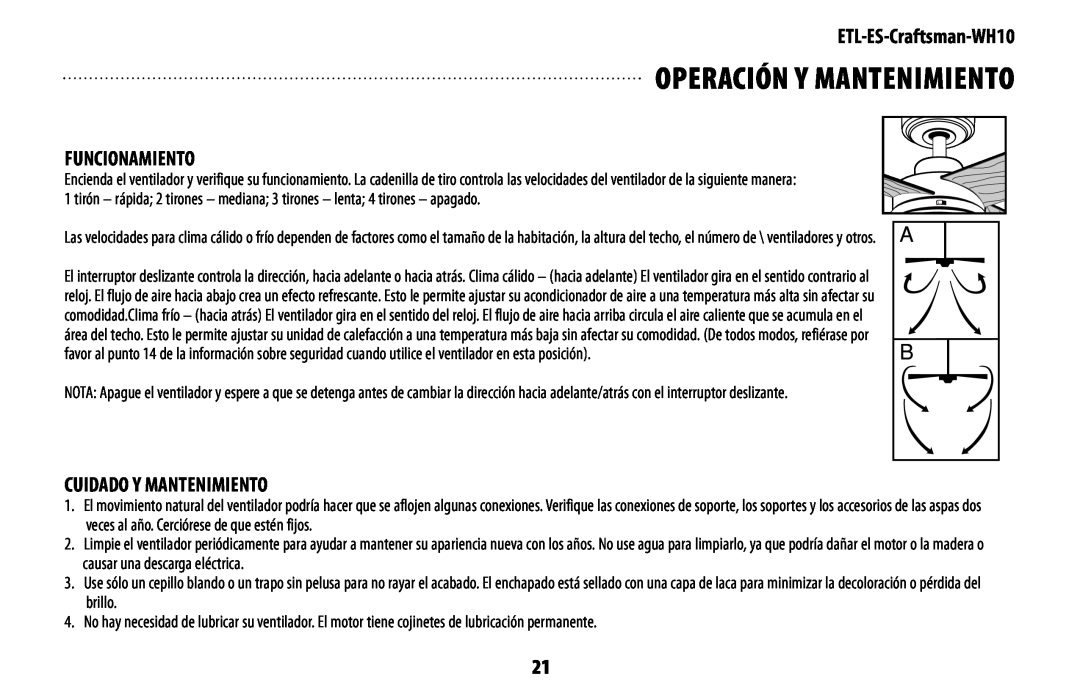 Westinghouse mh10 owner manual OPEraCión Y MantEniMiEntO, Funcionamiento, Cuidado Y Mantenimiento, ETL-ES-Craftsman-WH10 