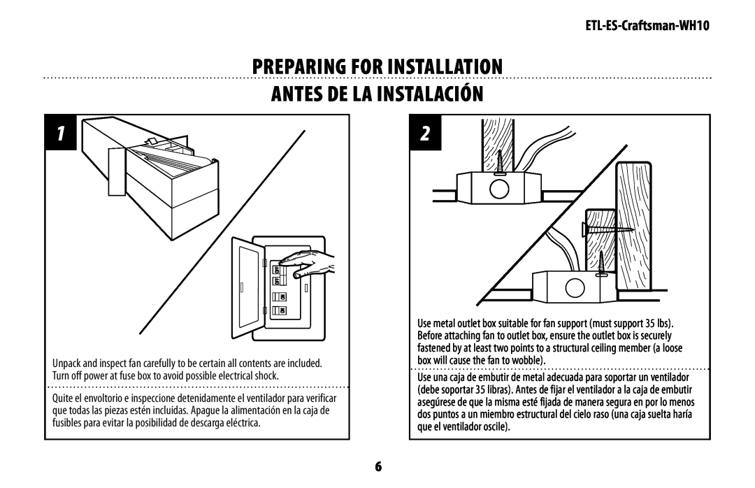 Westinghouse mh10 owner manual pREPARING for installation Antes de la instalación, ETL-ES-Craftsman-WH10 