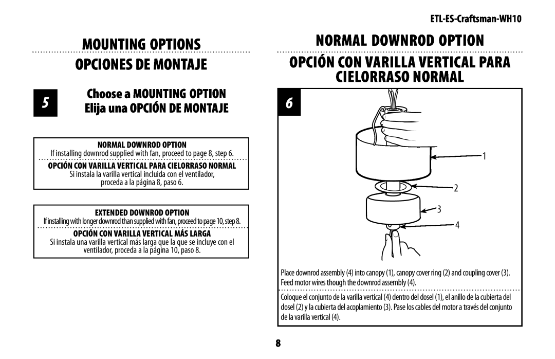 Westinghouse mh10 Mounting Options Opciones De Montaje, Normal Downrod Option, Cielorraso Normal, Choose a MOUNTING OPTION 