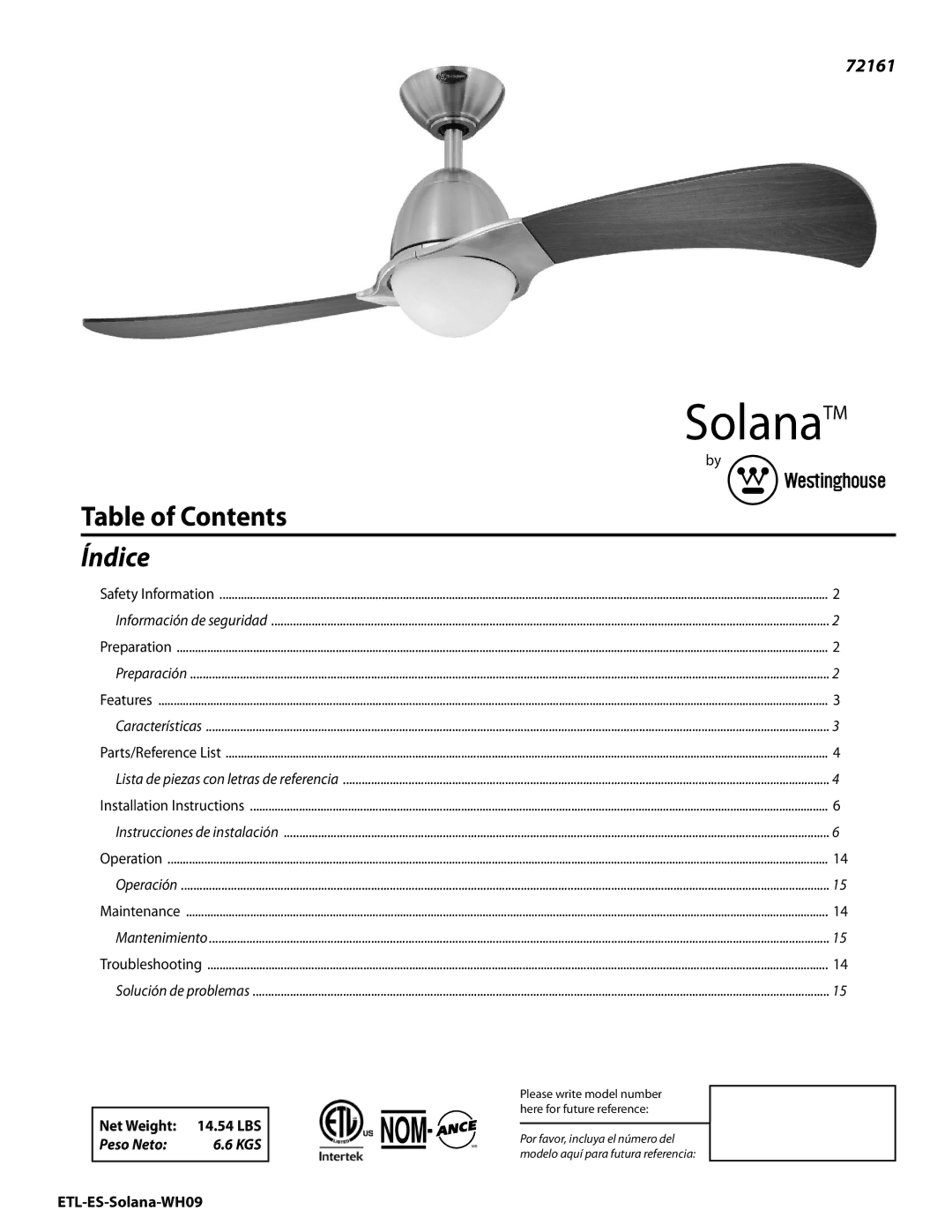 Westinghouse MR 72161 installation instructions Solana TM 