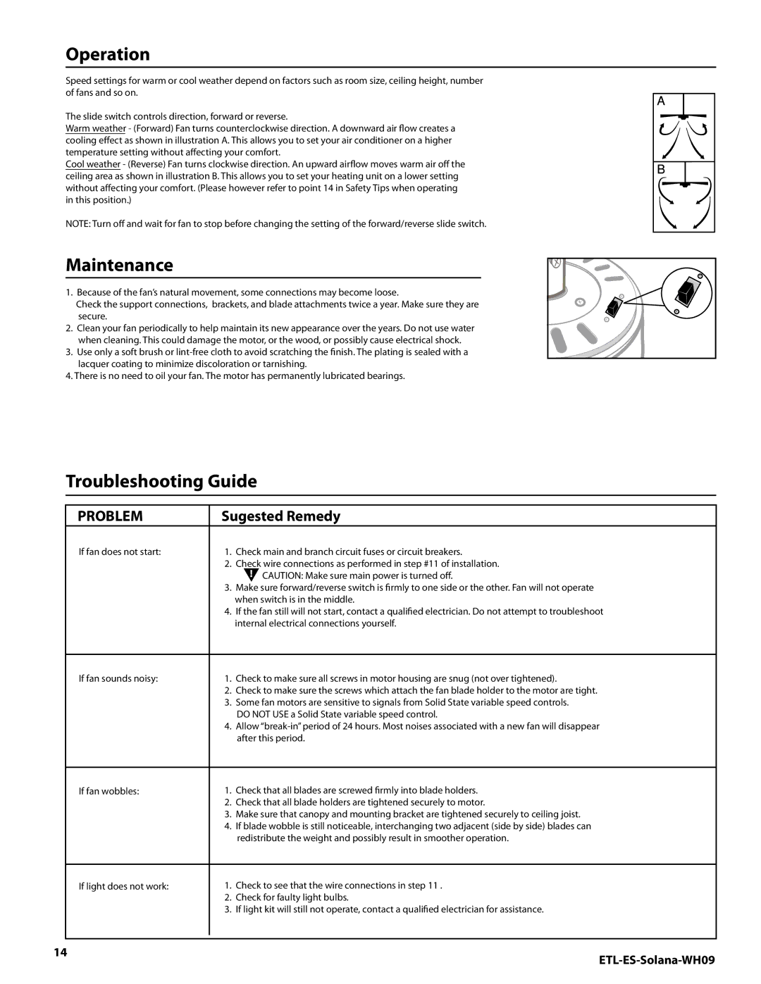 Westinghouse MR 72161 installation instructions Operation 