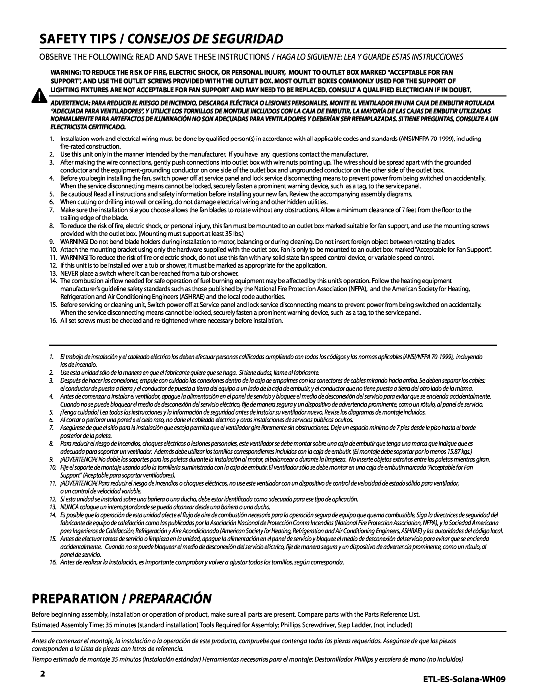 Westinghouse MR 72161 Safety tips / Consejos de seguridad, ETL-ES-Solana-WH09, Preparation / Preparación 