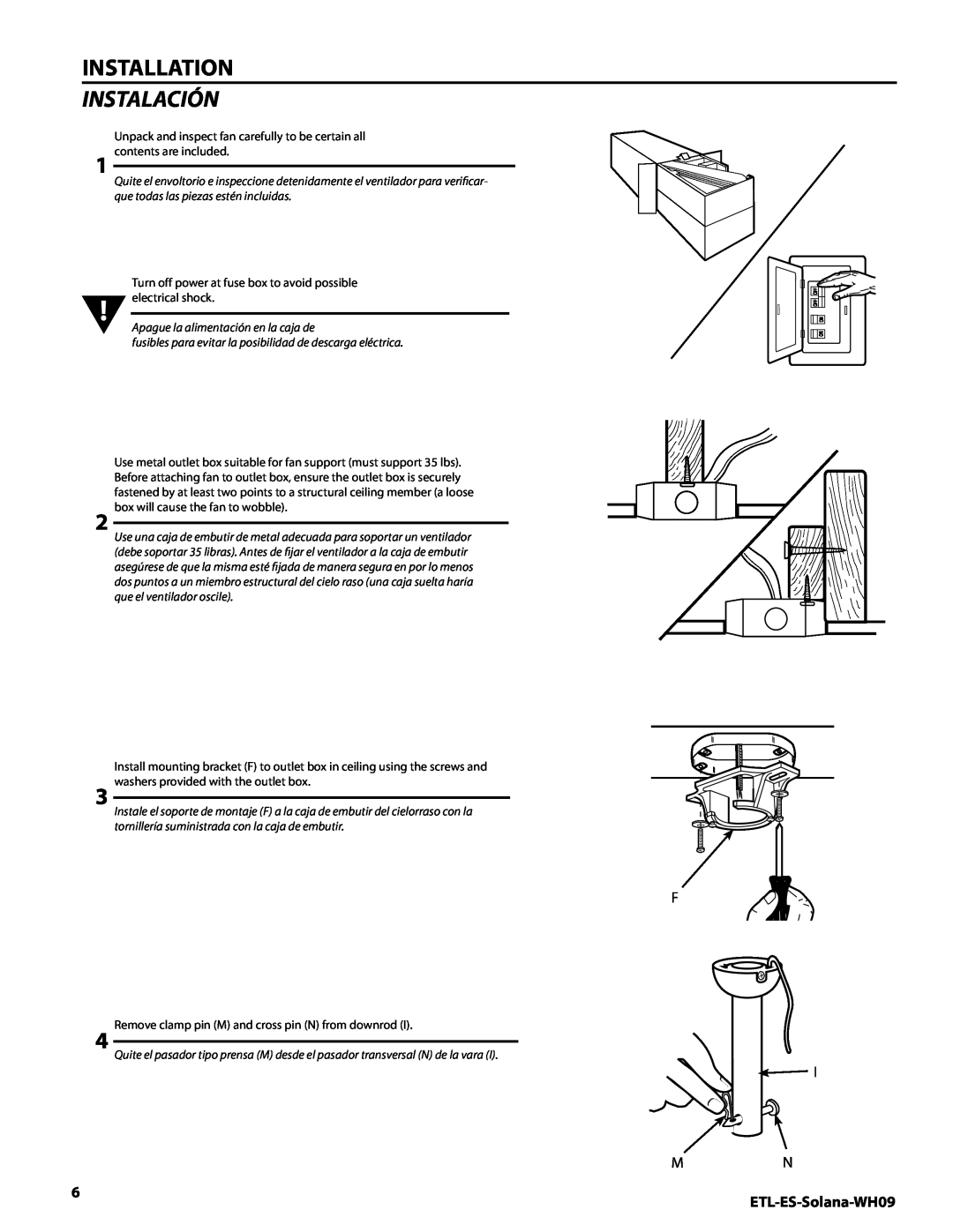 Westinghouse MR 72161 installation instructions Installation Instalación, ETL-ES-Solana-WH09 