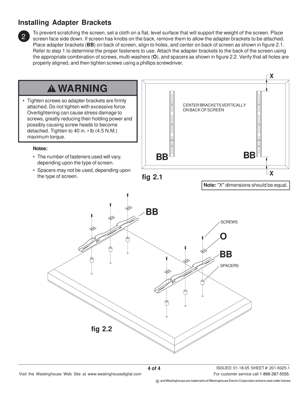 Westinghouse MT80 THIN manual Installing Adapter Brackets, Center Brackets Vertically on Back of Screen Screws Spacers 