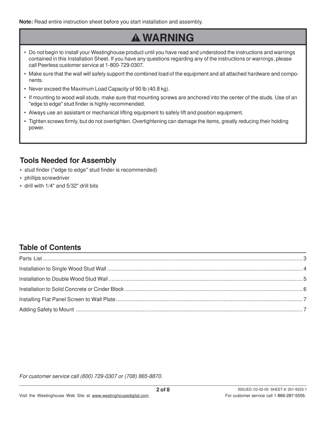 Westinghouse MT80 THIN manual Tools Needed for Assembly, Table of Contents 