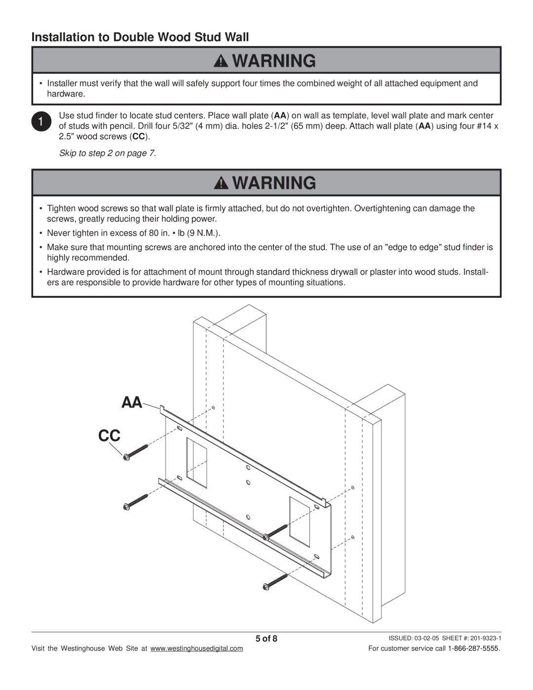 Westinghouse MT80 THIN manual Installation to Double Wood Stud Wall 