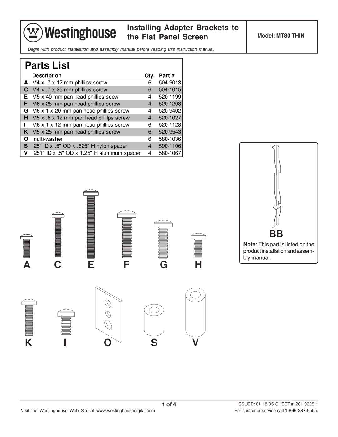 Westinghouse MT80 THIN manual E F G H O S, Installing Adapter Brackets to the Flat Panel Screen 