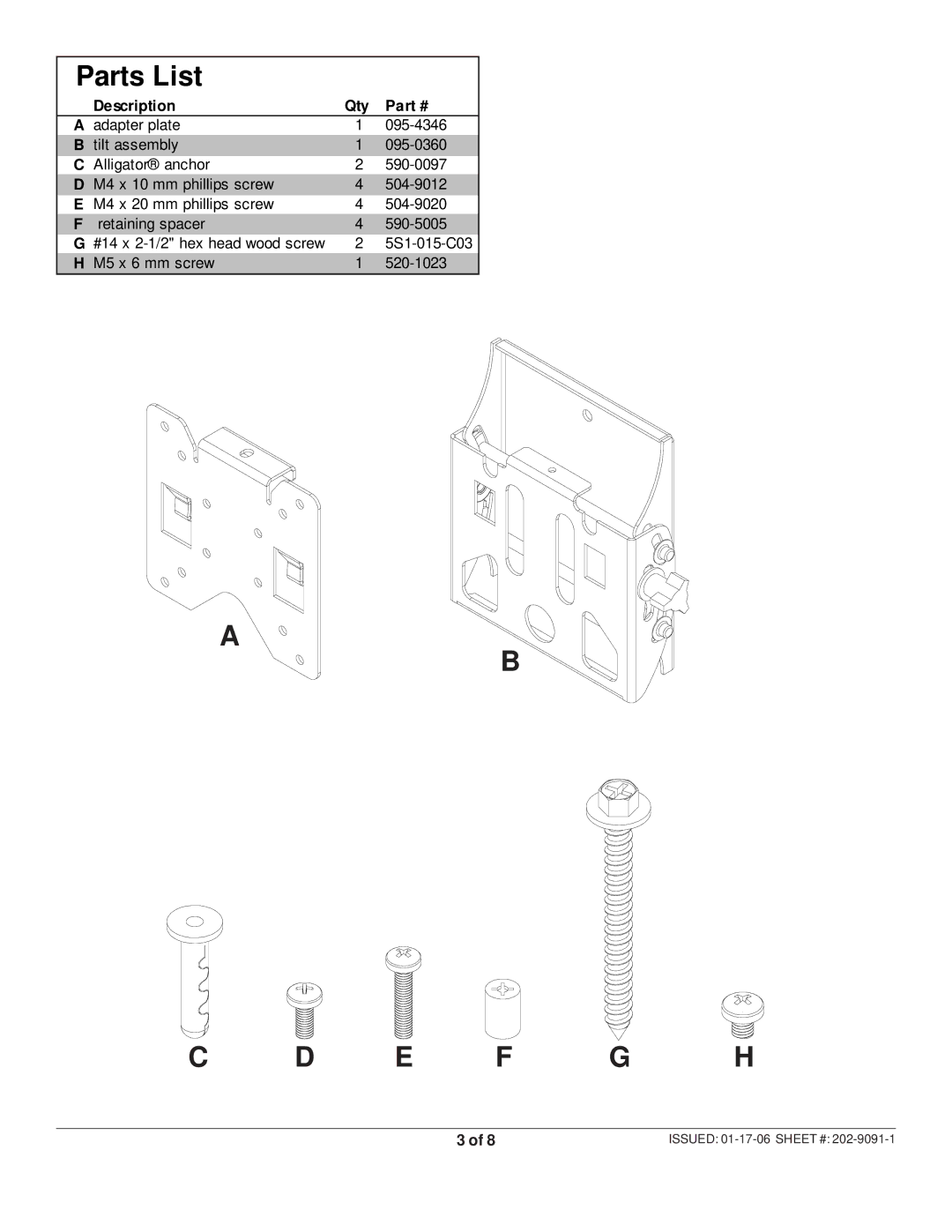 Westinghouse MT80A TILT manual Parts List, Description Qty 