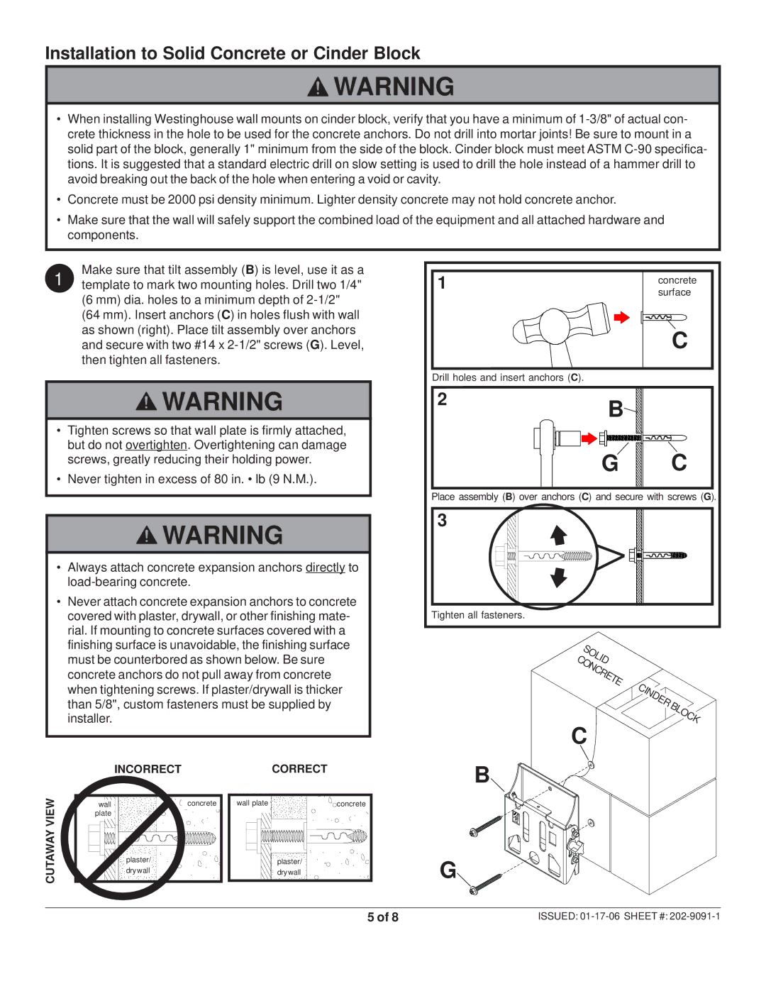 Westinghouse MT80A TILT manual Installation to Solid Concrete or Cinder Block 