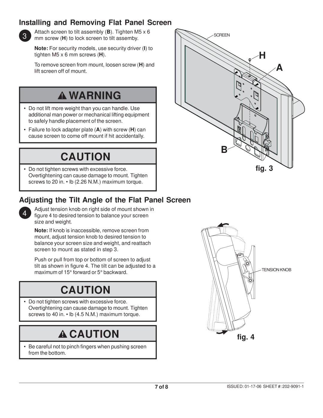 Westinghouse MT80A TILT manual Installing and Removing Flat Panel Screen, Adjusting the Tilt Angle of the Flat Panel Screen 