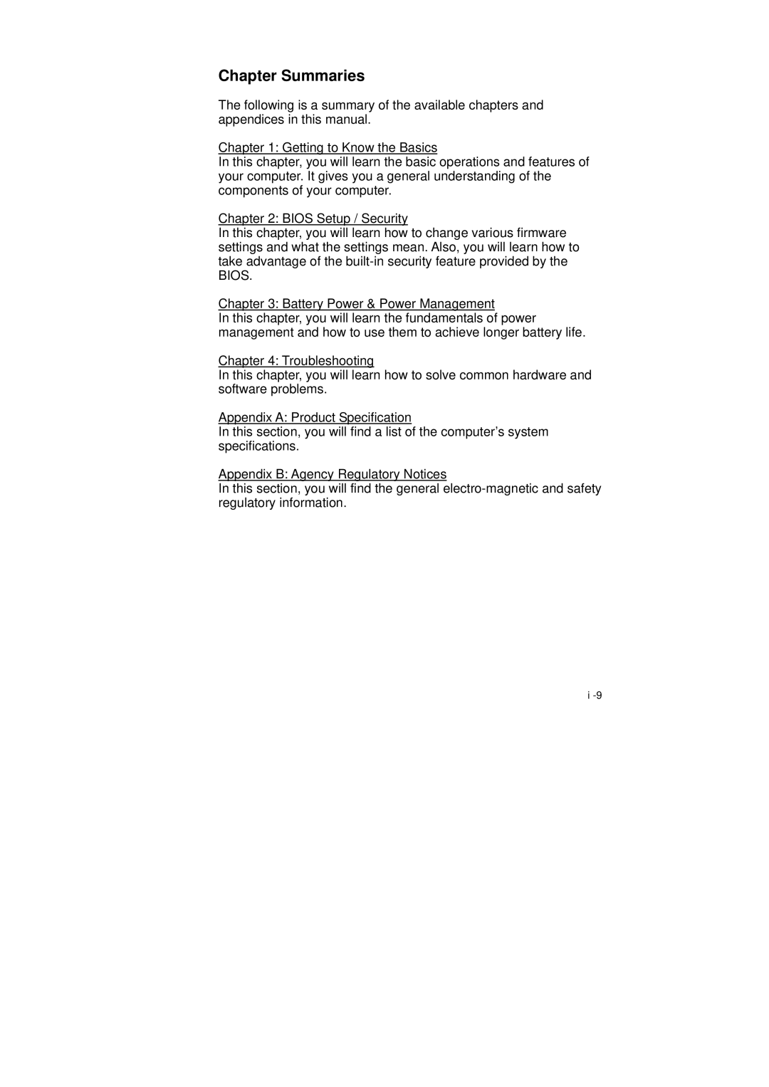 Westinghouse NB-14w2 user manual Chapter Summaries 