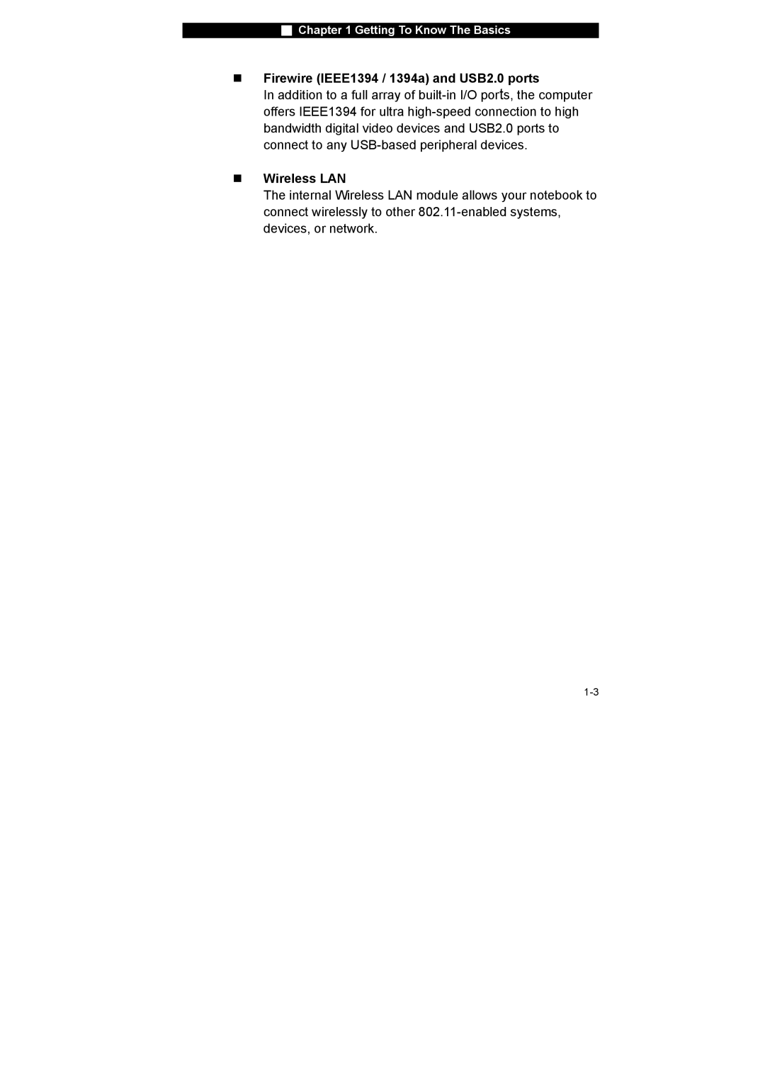 Westinghouse NB-14w2 user manual „ Firewire IEEE1394 / 1394a and USB2.0 ports, „ Wireless LAN 