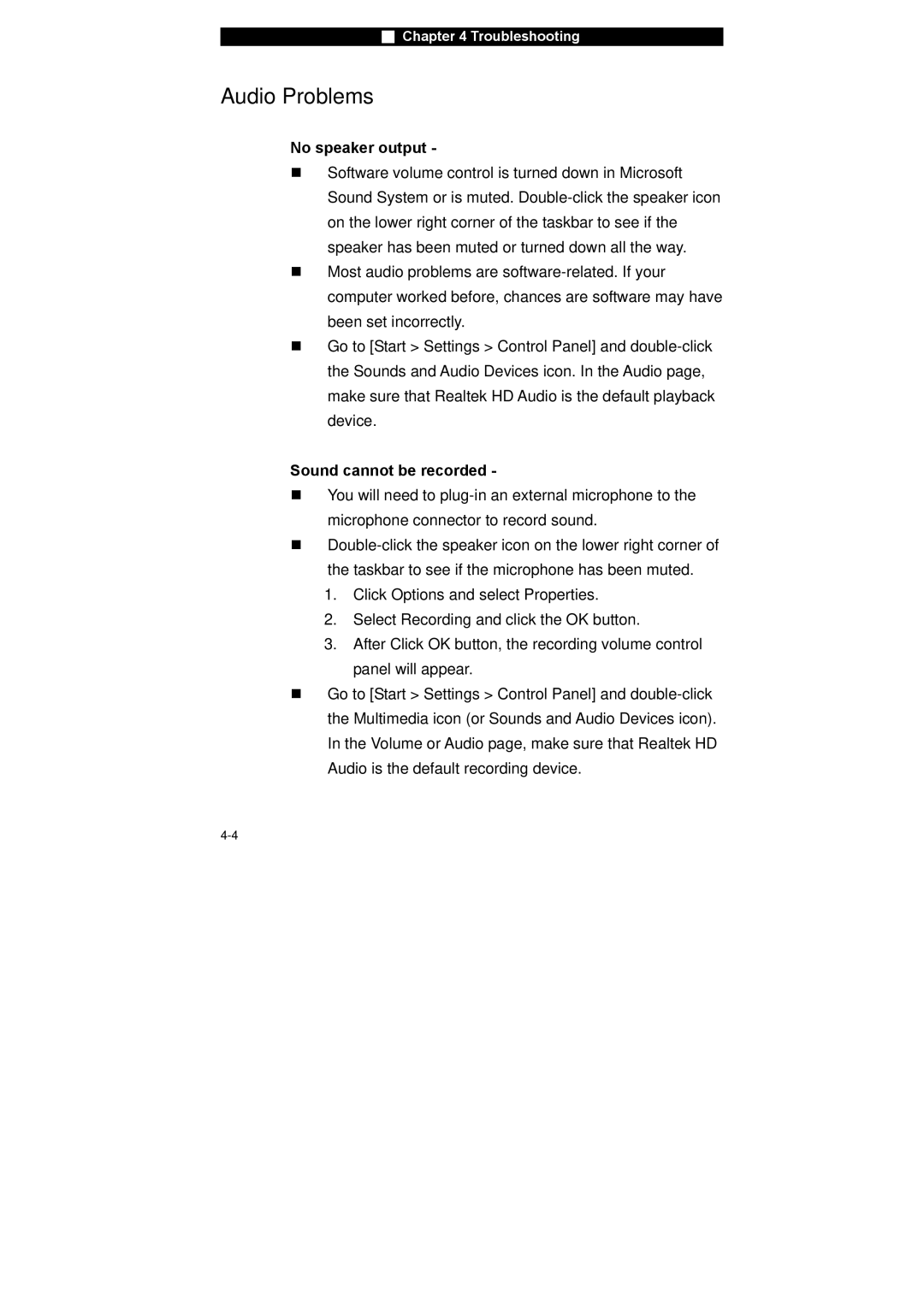 Westinghouse NB-14w2 user manual Audio Problems, No speaker output, Sound cannot be recorded 