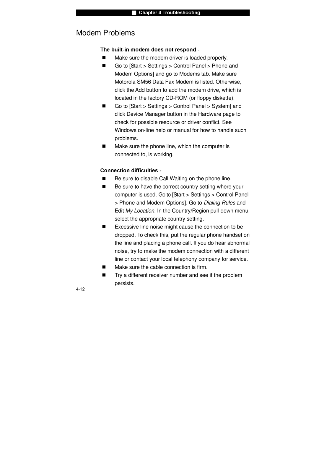 Westinghouse NB-14w2 user manual Modem Problems, Built-in modem does not respond, Connection difficulties 