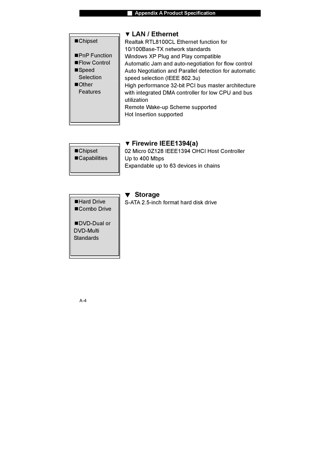 Westinghouse NB-14w2 user manual LAN / Ethernet, Firewire IEEE1394a, Storage 