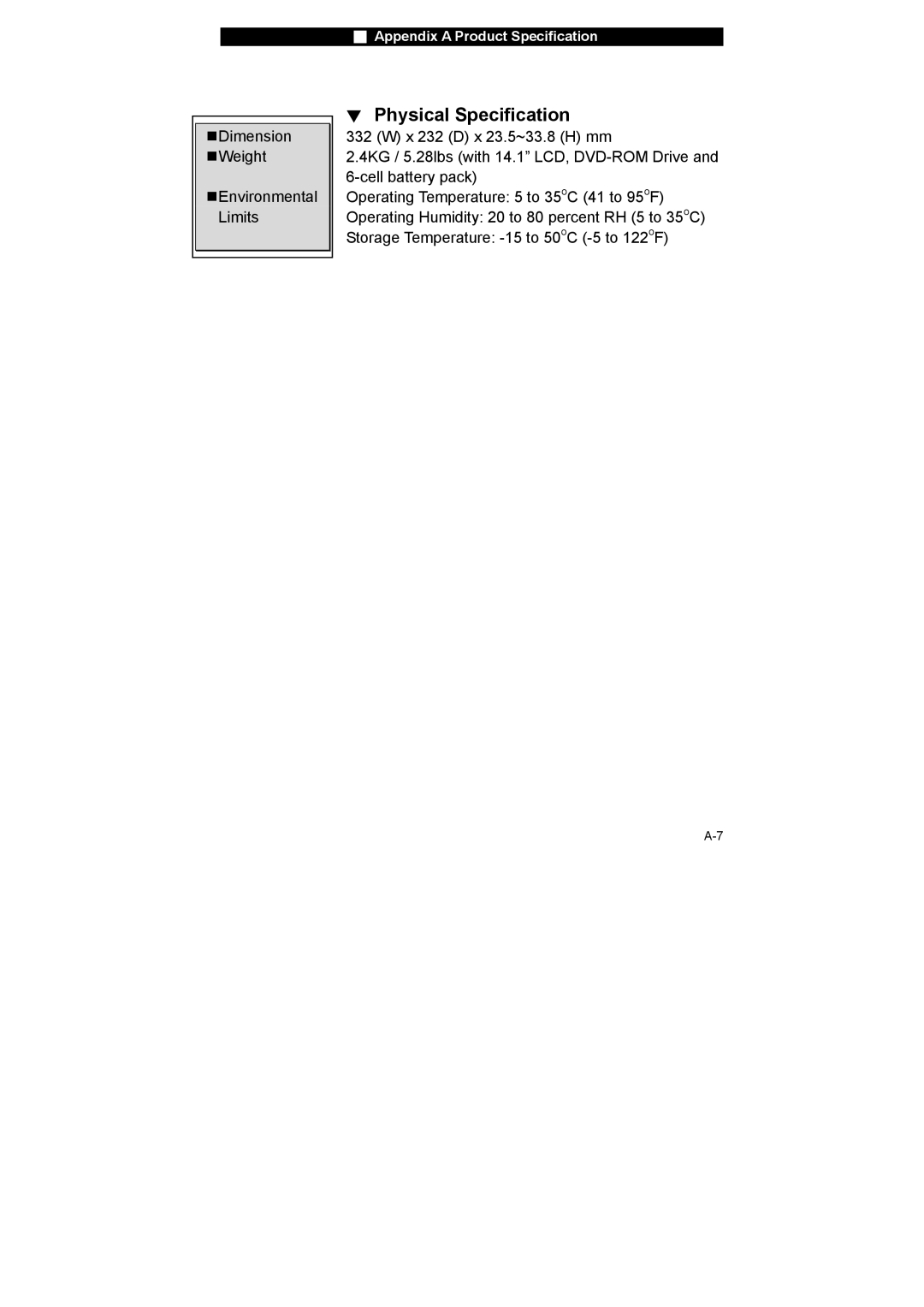 Westinghouse NB-14w2 user manual Physical Specification 