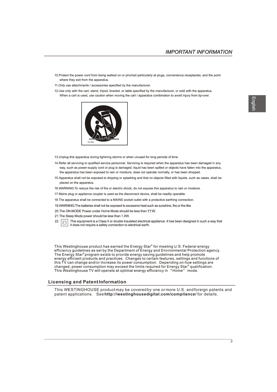 Westinghouse Not available, DW46F1Y1 user manual Licensing and Patent Information 