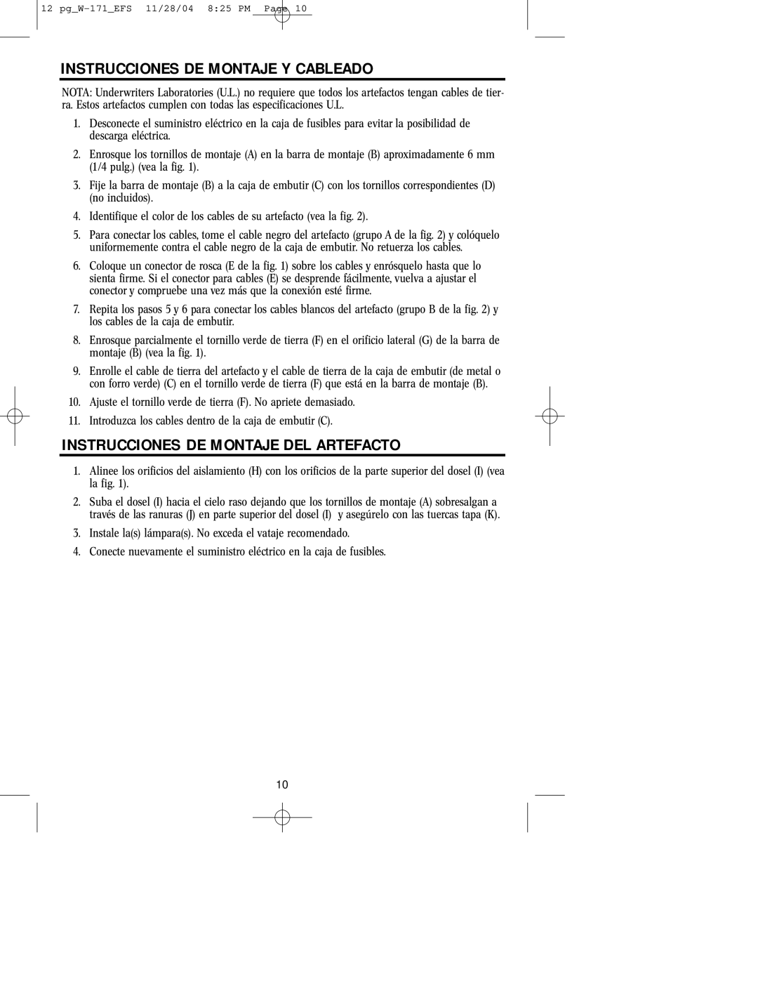 Westinghouse Outdoor Lighting Fixture Instrucciones DE Montaje Y Cableado, Instrucciones DE Montaje DEL Artefacto 