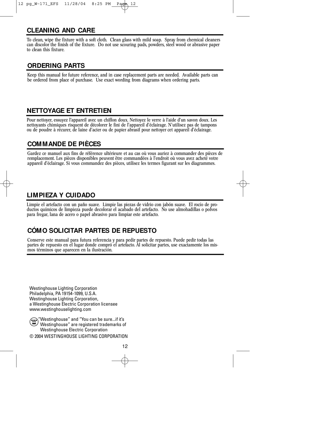 Westinghouse Outdoor Lighting Fixture Cleaning and Care, Ordering Parts, Nettoyage ET Entretien, Commande DE Pièces 