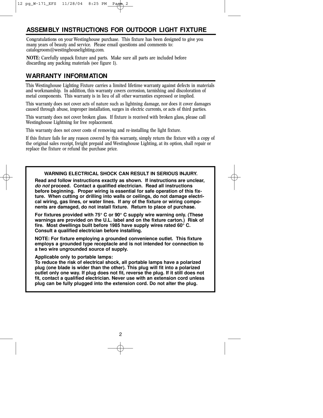 Westinghouse Outdoor Lighting Fixture owner manual Assembly Instructions for Outdoor Light Fixture, Warranty Information 