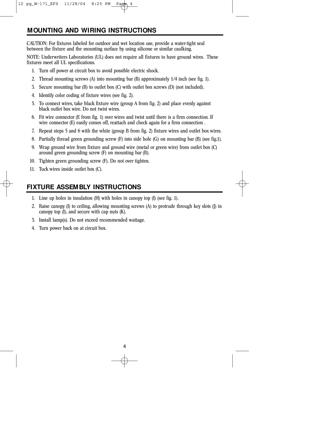 Westinghouse Outdoor Lighting Fixture owner manual Mounting and Wiring Instructions, Fixture Assembly Instructions 