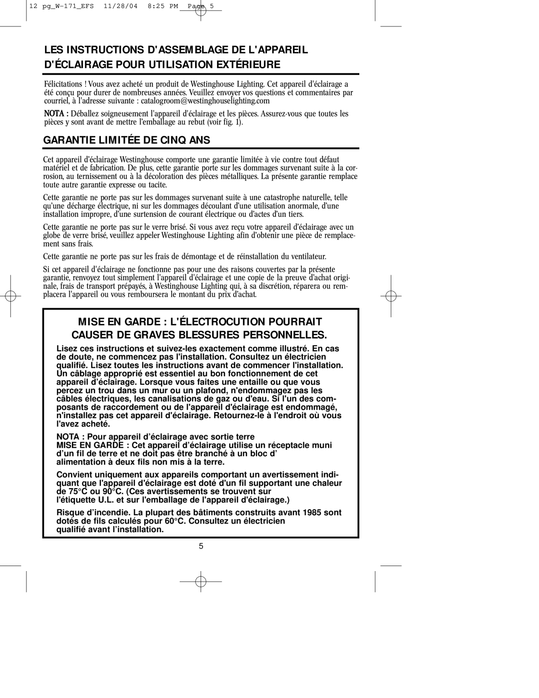 Westinghouse Outdoor Lighting Fixture owner manual Garantie Limitée DE Cinq ANS 