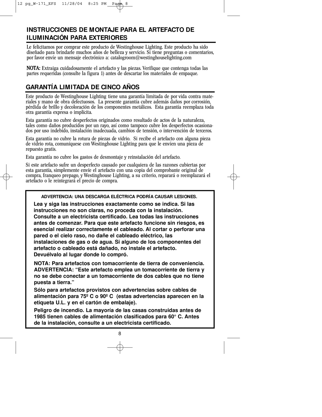 Westinghouse Outdoor Lighting Fixture owner manual Garantía Limitada DE Cinco Años 