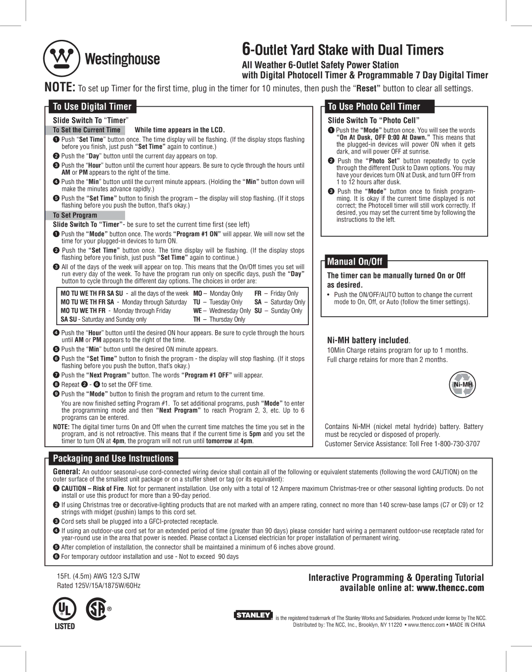 Westinghouse Outdoor Timer manual To Use Digital Timer, To Use Photo Cell Timer, Manual On/Off 