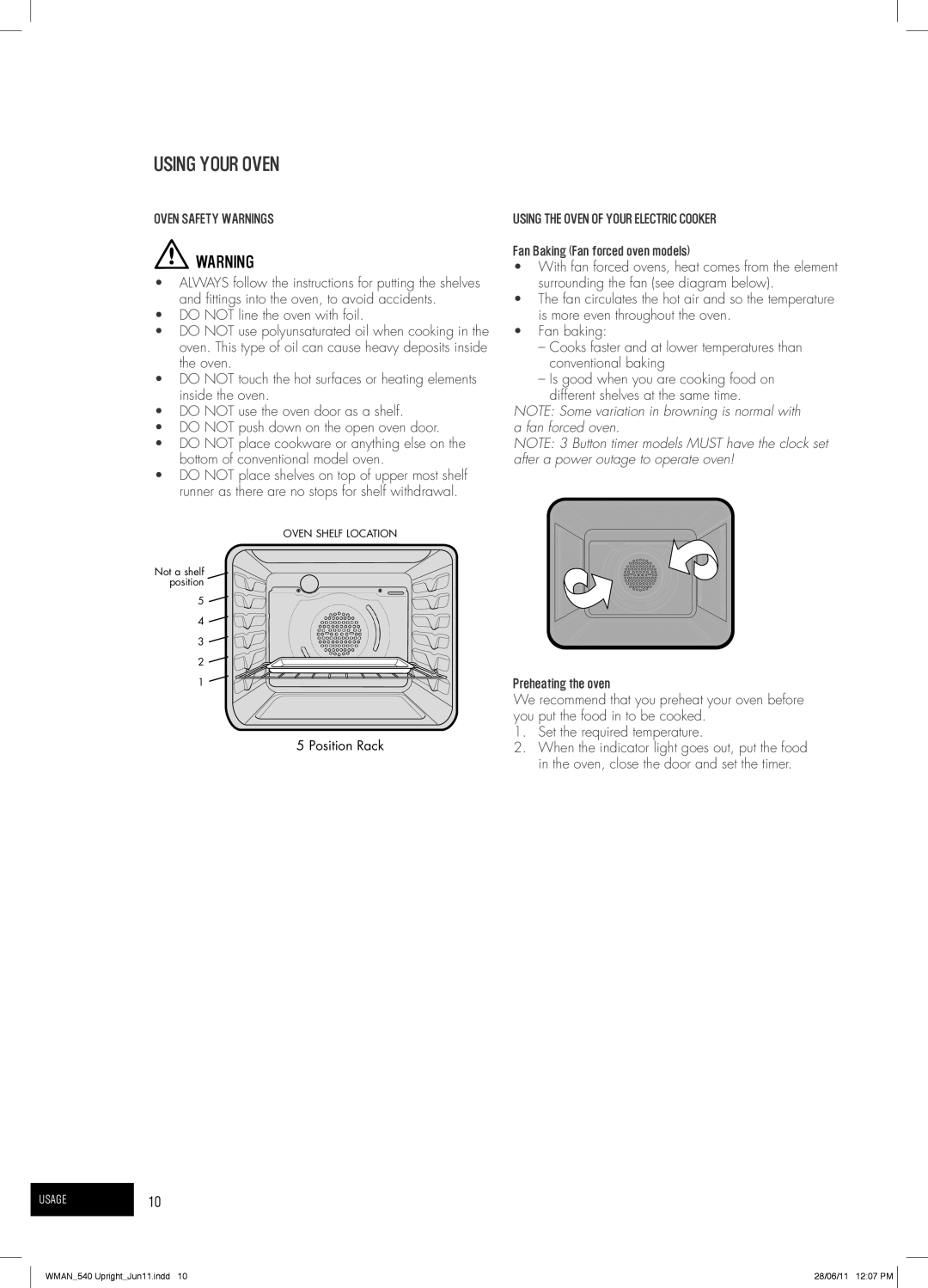 Westinghouse PEK1370W, PEK1350W, GEK1385W Using Your Oven, Oven Safety Warnings, Using the Oven of Your Electric Cooker 