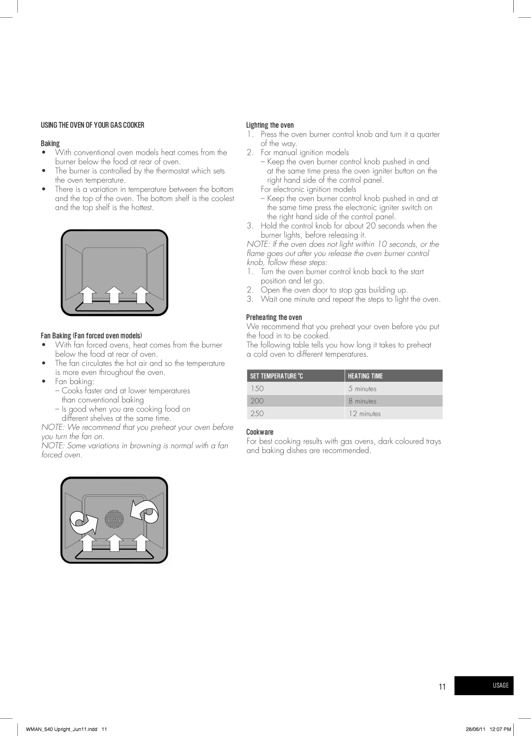 Westinghouse GEK1235W, PEK1350W, GEK1385W, PEK1370W manual Using the Oven of Your GAS Cooker, For electronic ignition models 