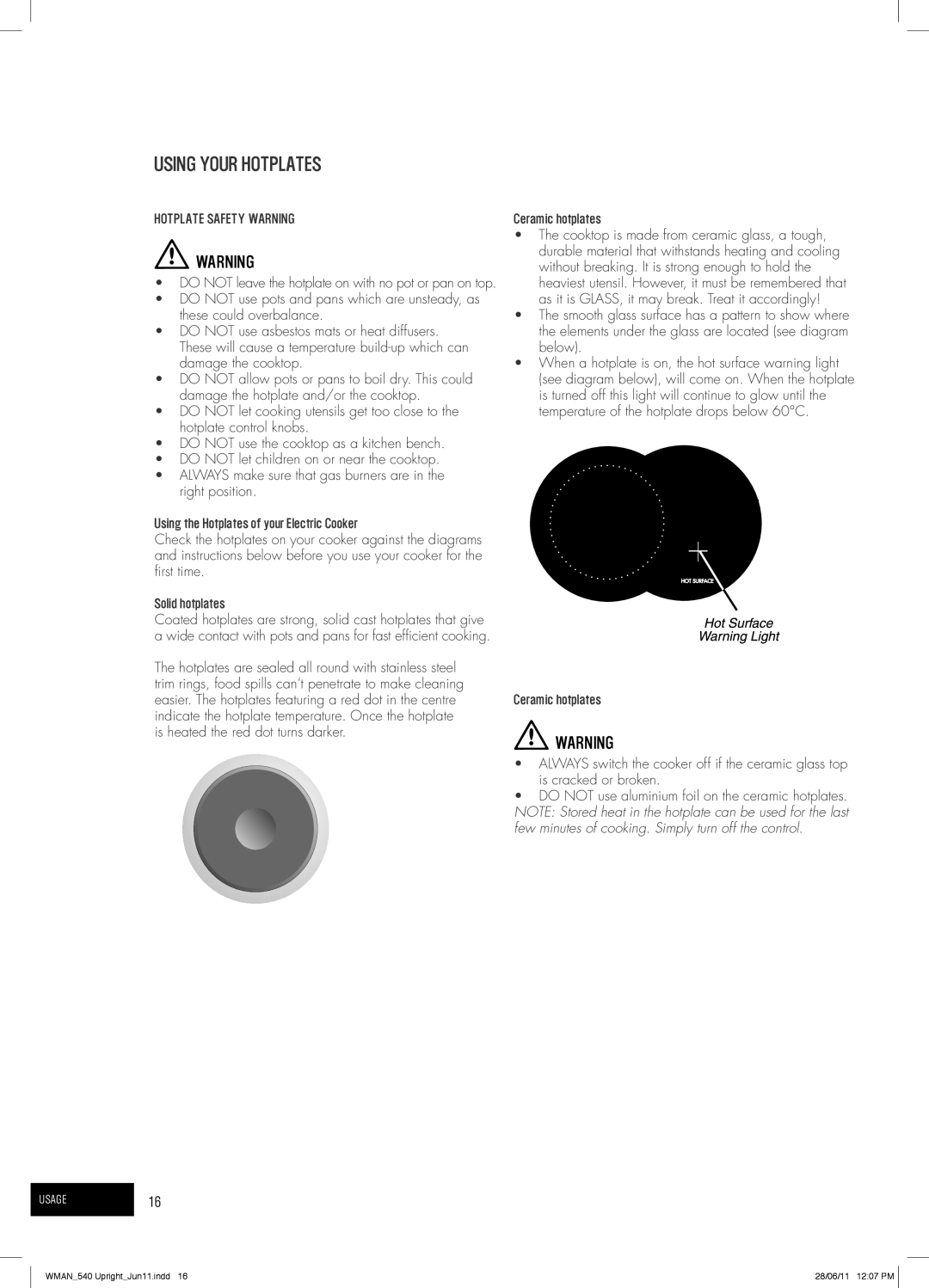 Westinghouse PEK1350W, GEK1385W, PEK1370W, GEK1235W manual Using Your Hotplates, Hotplate Safety Warning, Ceramic hotplates 
