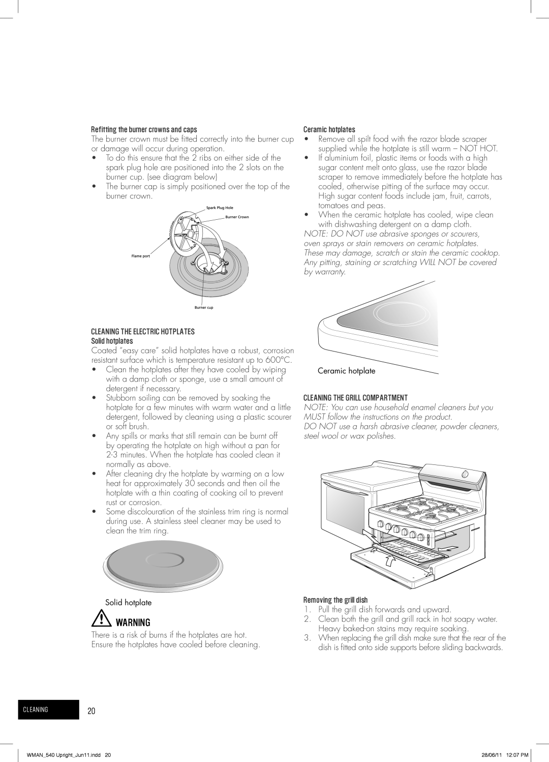 Westinghouse PEK1350W, GEK1385W, PEK1370W, GEK1235W manual Cleaning the Electric Hotplates, Cleaning the Grill Compartment 