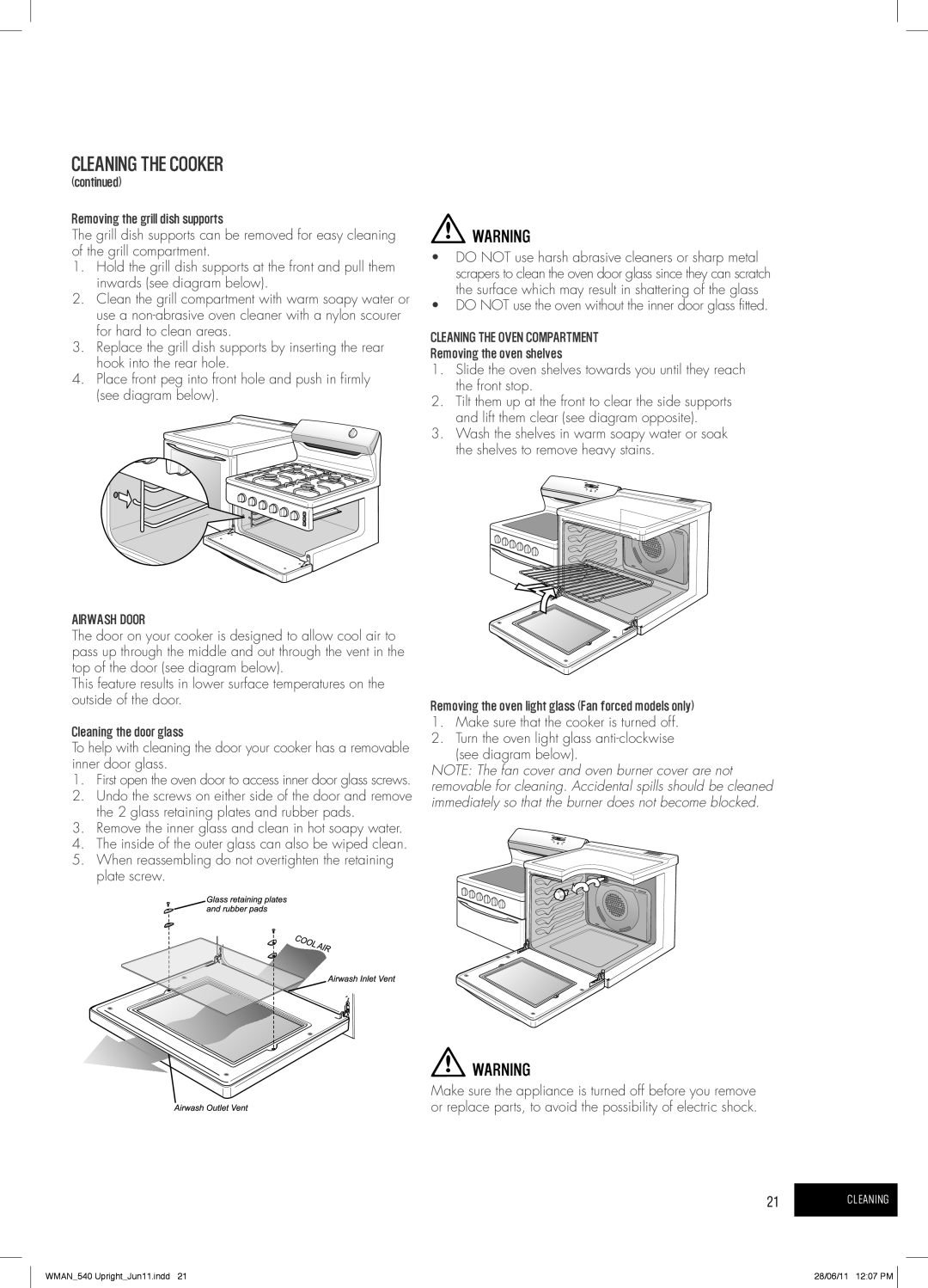 Westinghouse GEK1385W Airwash Door, Do not use the oven without the inner door glass fitted, Cleaning the Oven Compartment 