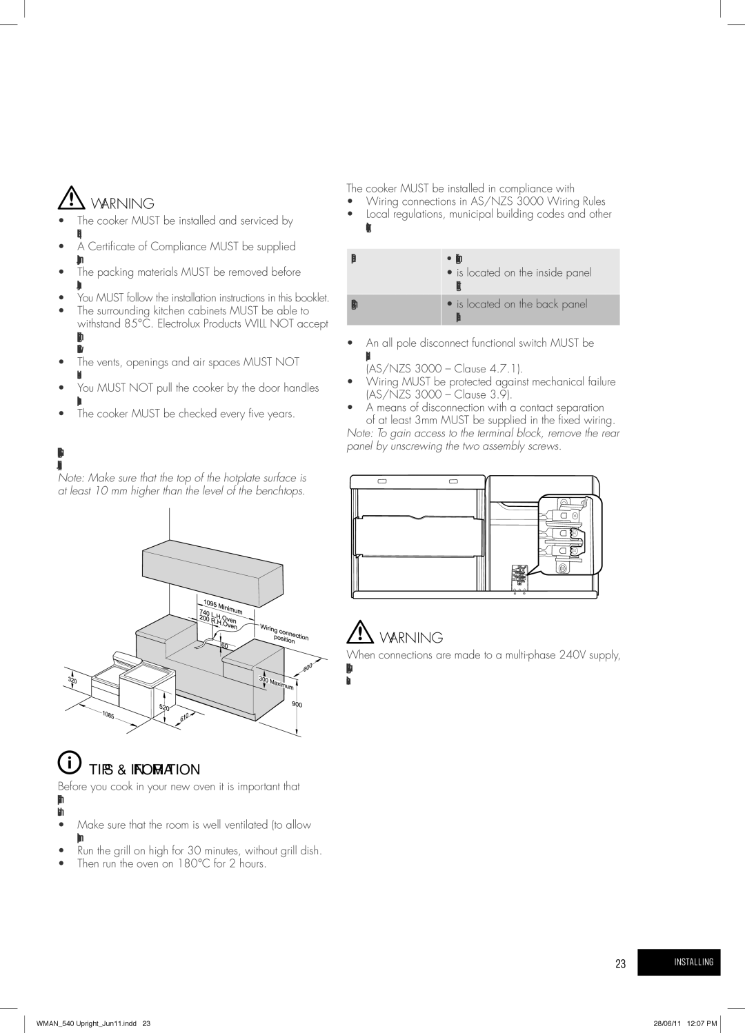 Westinghouse GEK1235W, PEK1350W, GEK1385W Safety Warnings about Installation, Grill door, Circuit diagram, Control panel 