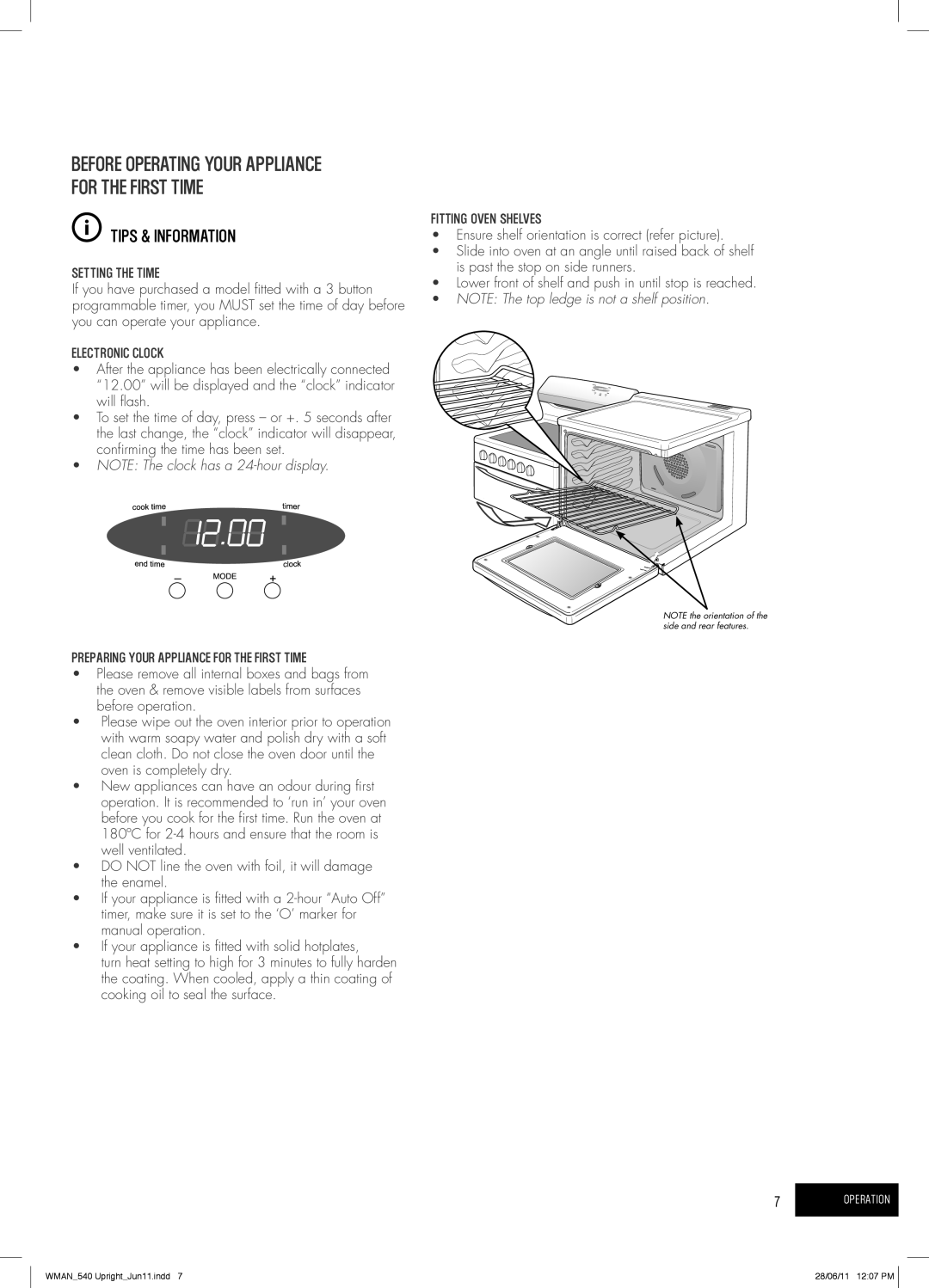 Westinghouse GEK1235W, PEK1350W, GEK1385W, PEK1370W manual Setting the Time, Electronic Clock, Fitting Oven Shelves 