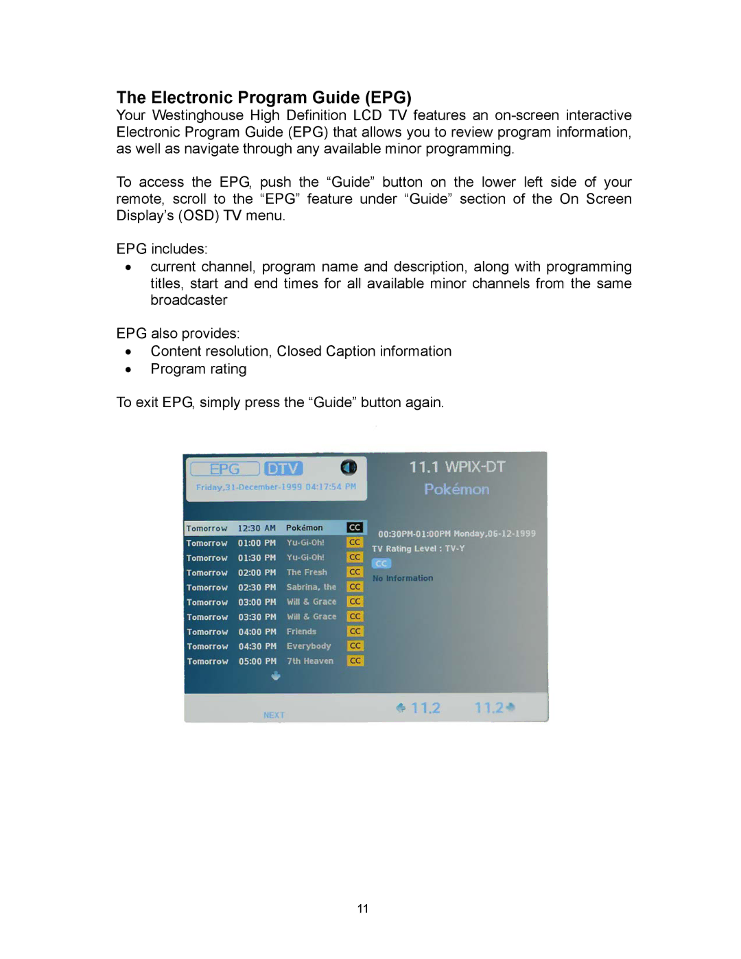 Westinghouse PT-19H140S, PT-16H120S, PT-19H520S appendix Electronic Program Guide EPG 