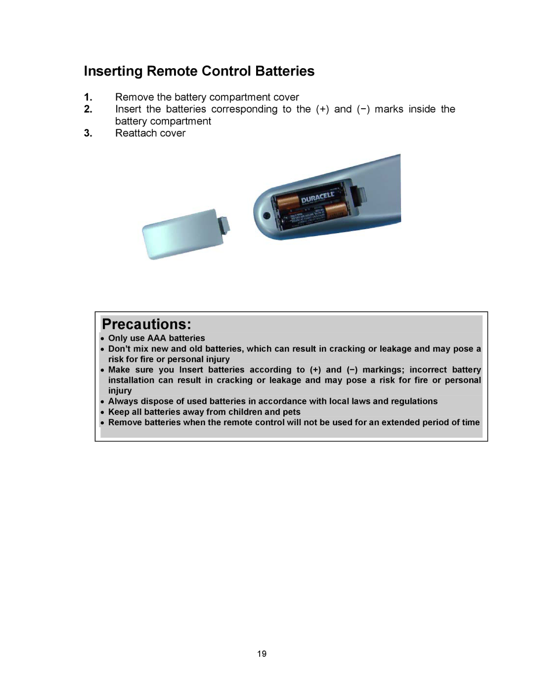 Westinghouse PT-19H520S, PT-16H120S, PT-19H140S appendix Precautions, Inserting Remote Control Batteries 