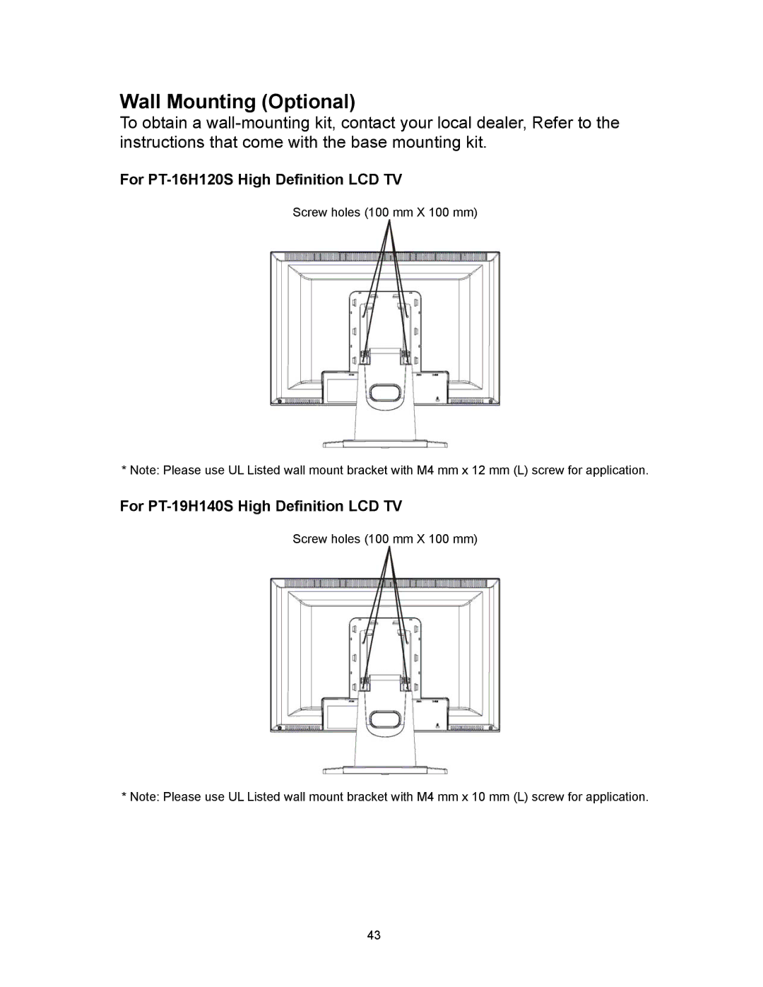 Westinghouse PT-19H520S, PT-19H140S appendix Wall Mounting Optional, For PT-16H120S High Definition LCD TV 