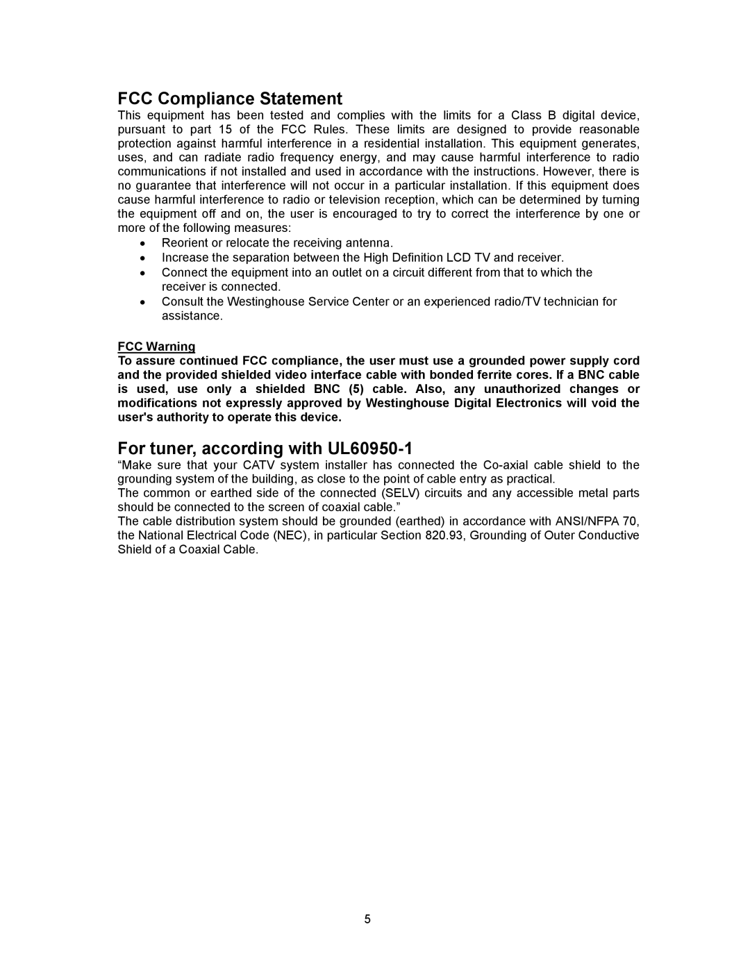 Westinghouse PT-19H140S, PT-16H120S, PT-19H520S appendix FCC Compliance Statement, For tuner, according with UL60950-1 